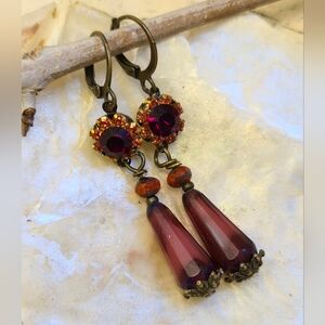 Victorian Deep Red Crystal Flower In Brass Necklace